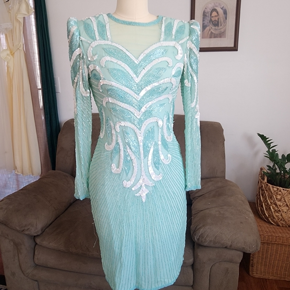 Vintage Silk Sequin And Beaded Mini Dress Size Small